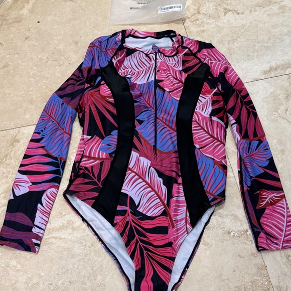 SPRTY Women L/S Tropical Leaf Print One-piece Swimsuit--Rashguard-Surf -Sz. XL - Picture 3 of 9